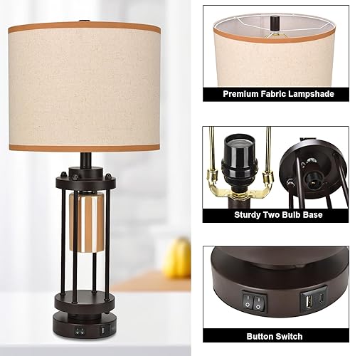 Miniatura 7 de Juego de 2 lámparas de mesa de granja para sala de estar, lámpara rústica para mesitas de noche de dormitorio, lámparas de noche con puertos de