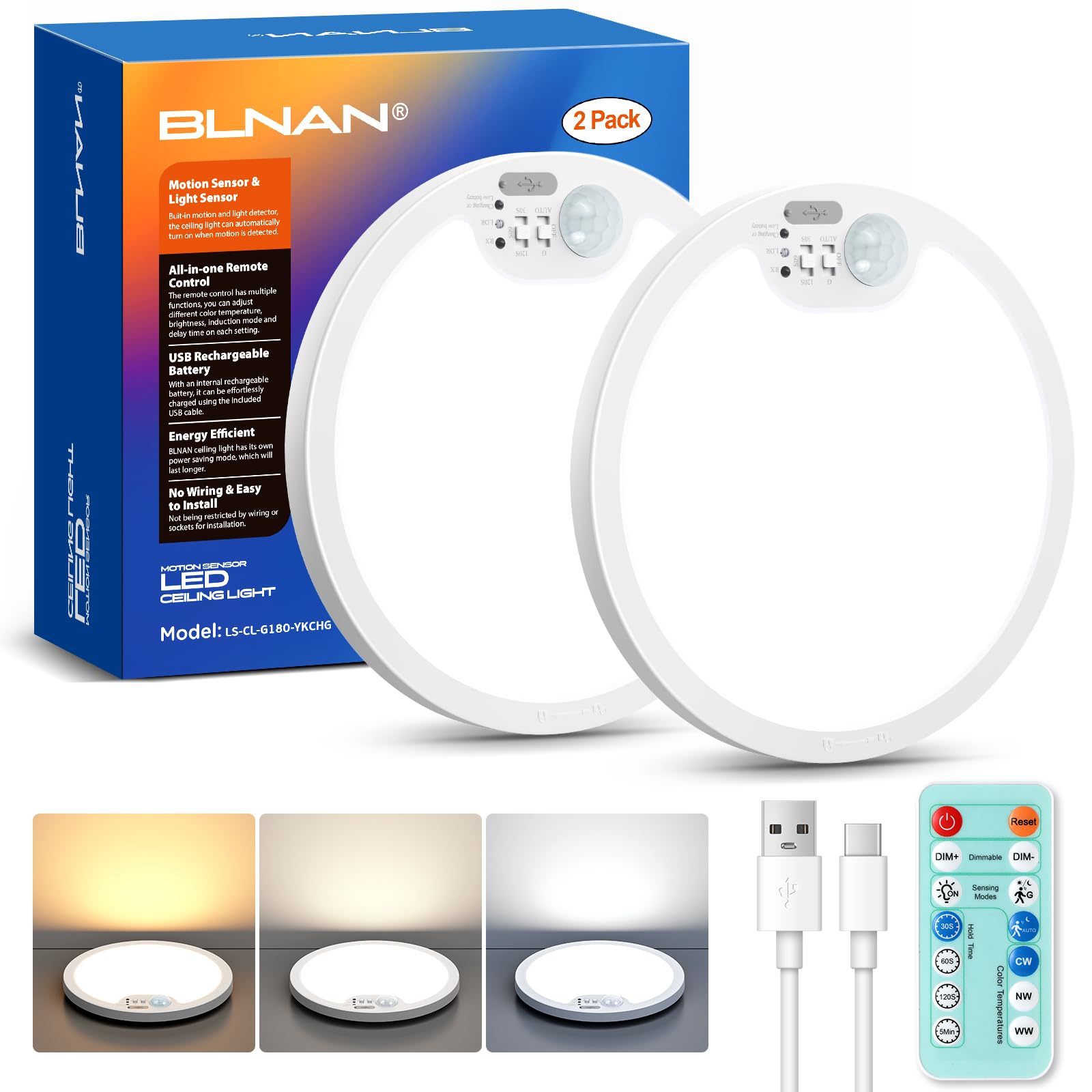 Photo 1 of BLNAN Rechargeable Motion Sensor Ceiling Light with Remote, Battery Operated Ceiling Light, 3 Color Temperatures LED Shower Lights for Pantry, Stairs, Garage, Hallway, 2 Pack