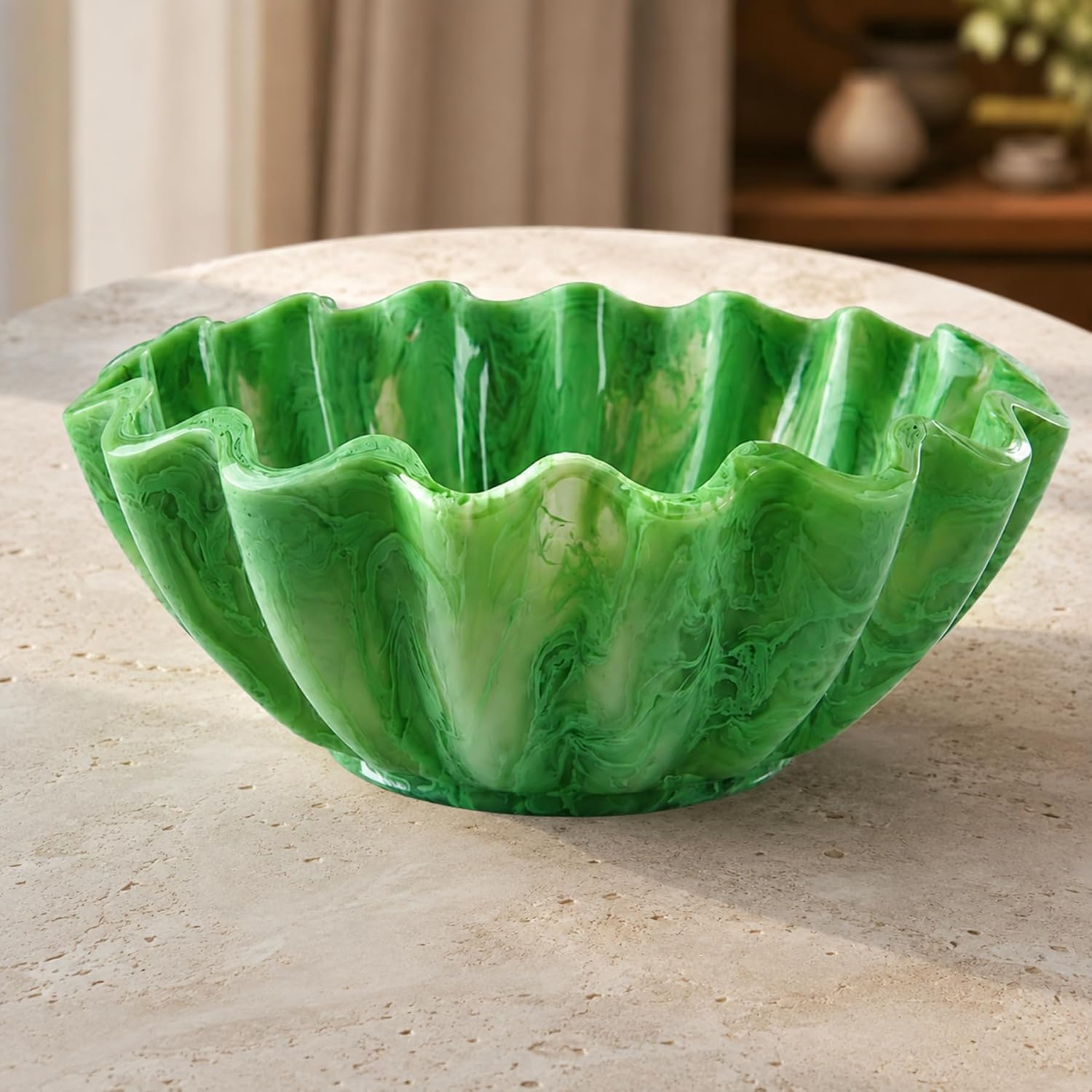 SS CRAFTS INDIA Scalloped Blossom Swirl Resin Salad Serving Bowl – Green Decorative Fruit Bowl & Candy Dish for Kitchen Counter, Entryway & Home Decor (8x3.5-Inch)