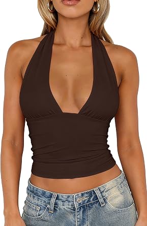 TiulZial Womens Sexy Halter Tops Deep V Neck Backless Tank Top Open Back Sleeveless Slim Fit Y2k Summer Crop Tops