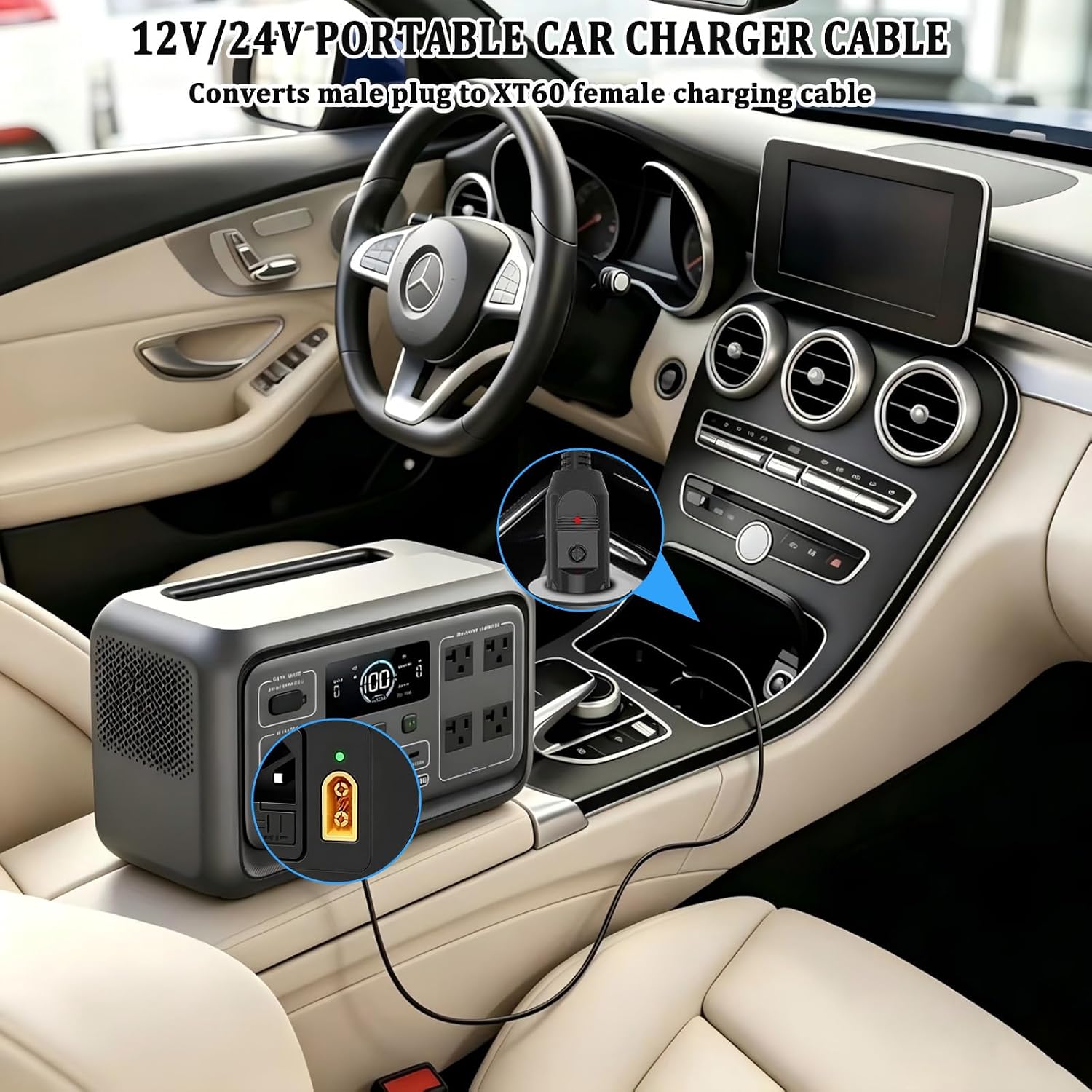 12V/24V Car Charger Cable, for BLUETTI AC70, AC50B, EB55, Elite 200, 100 V2, Ecoflow,and other portable power stations. Features an XT60 connector; Solar Generator DC Power Adapter Cable (10 feet)