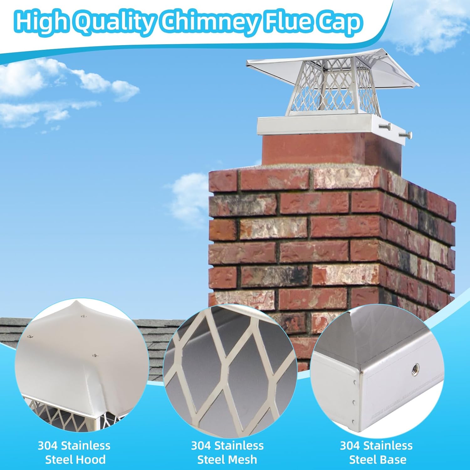 9" x 9" Chimney Cap Chimney Cover,Fireplace Chimney Caps for Outside,Chimney Rain Caps Chimney Flue Cover Chimney Roof Rain Guard on Existing Flue Tile Brick Clay,304 Stainless Steel Chimney Vent Cap