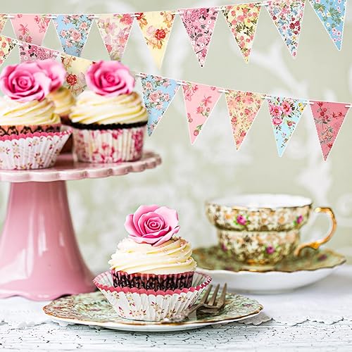 Miniatura 4 de Funtery Guirnalda de papel floral retro brillante y elegante, decoración de fiesta de té, guirnalda de flores silvestres, pancarta triangular floral