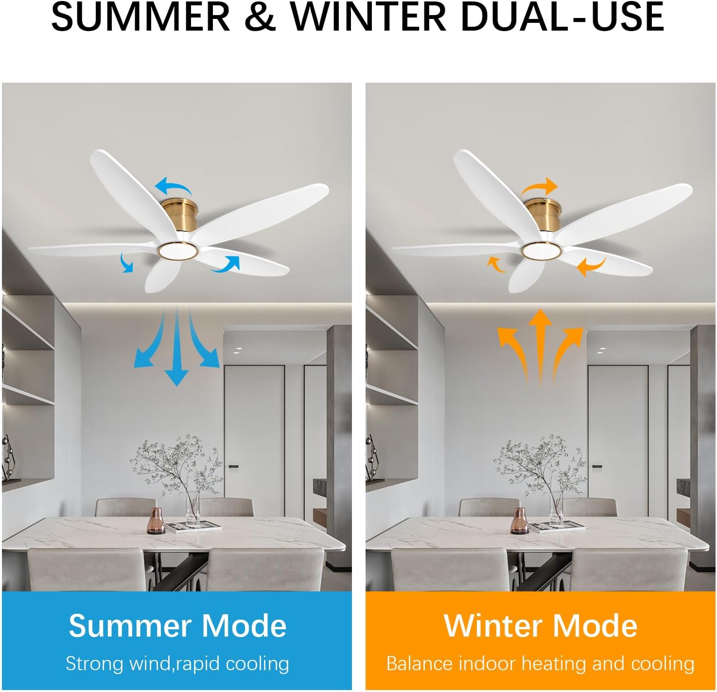 Ceiling Fan with Lights, 52Inch Flush Mount Ceiling Fan with Remote Control, 5 Wood Blades, DC Motor,3CCT,White and Gold Ceiling Fans for Bedroom, Living Room, Home Office,Indoor