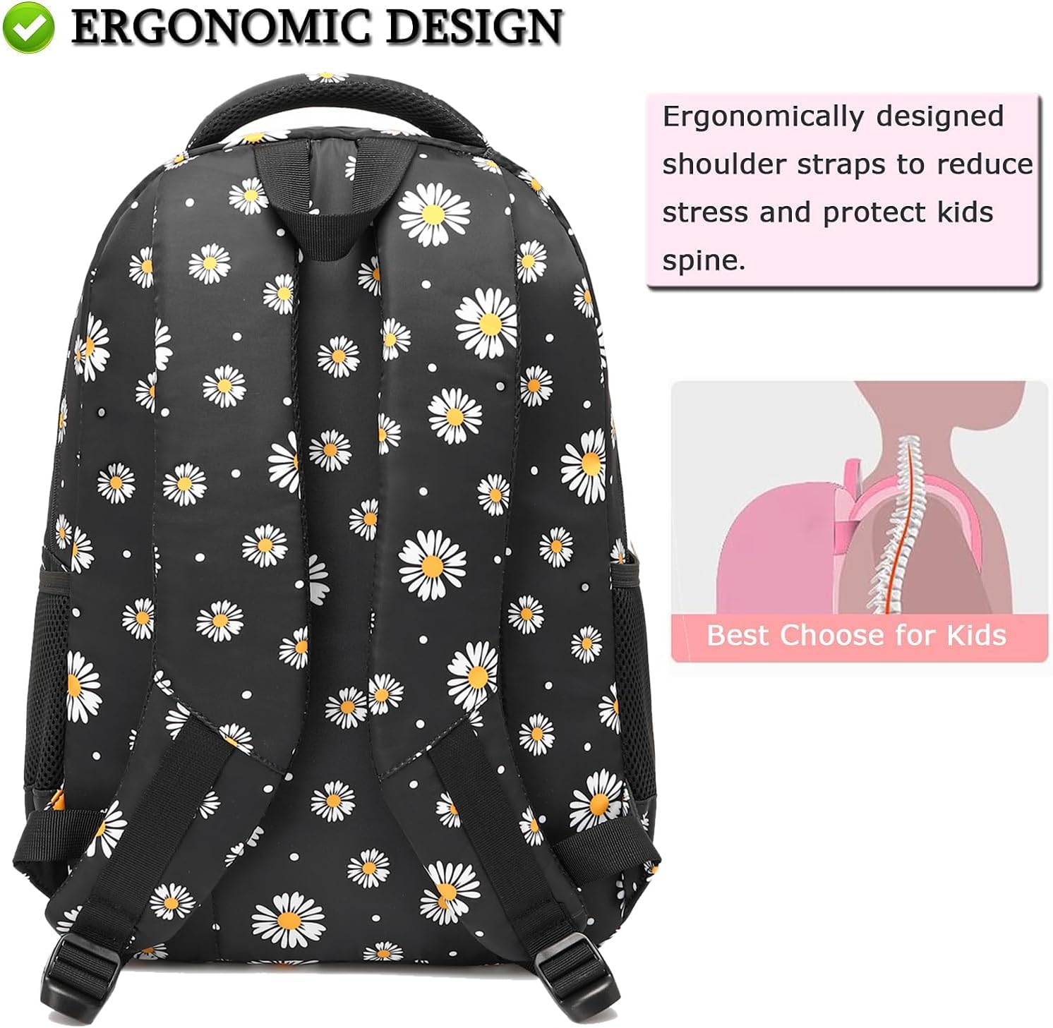 Sugaroom 3Pcs Daisy Printed Backpack with Lunch Box Kids Backpack for Girls Elementary Primary School Bag Bookbags for Teen Girls