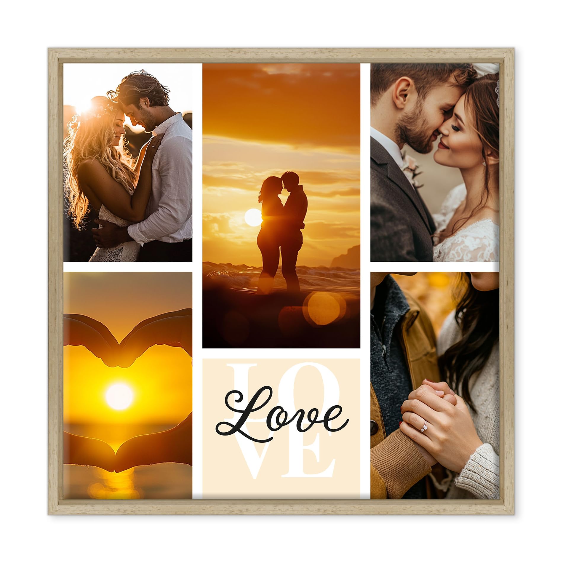 ConKrea - Quadro Personalizzato “Love Moments” 50x50 cm con Cornice Rovere Chiaro - Stampa su Tela con Foto Multiple - Idea Romantica per Coppia o Sposi