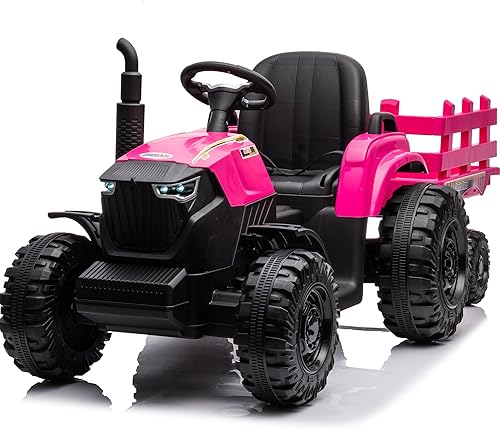 Hikiddo JC000A - Tractor de 24 V con remolque para niños, juguete de montar con control remoto para padres, vehículo eléctrico de 9 Ah con batería
