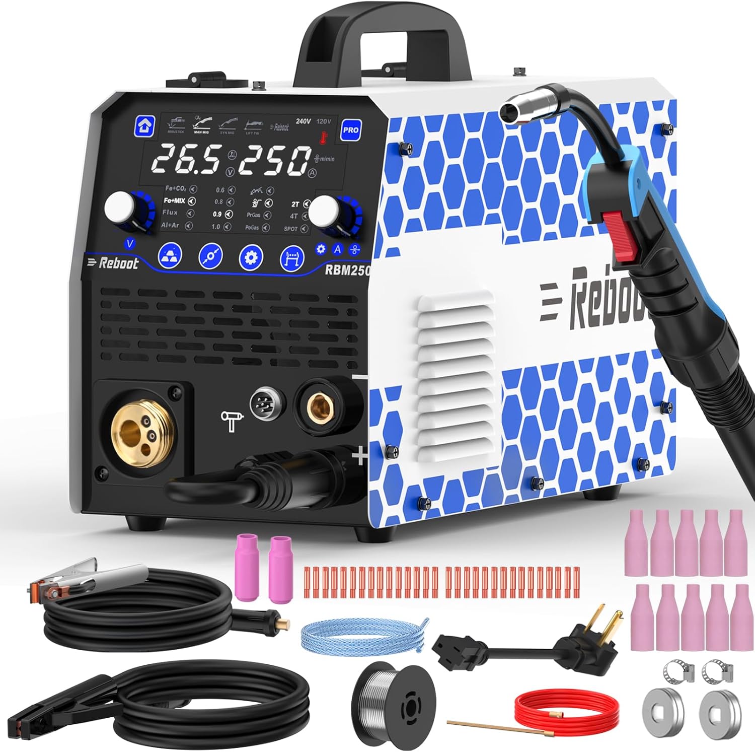 Reboot 250Amp 8-in-1 MIG Welder RBM2500 PRO and 10-Pack MB15 Ceramic Nozzles – 120V/240V Multiprocess Machine w/Gas MIG, Flux Core, Lift TIG, Stick, Spot & Spool Gun
