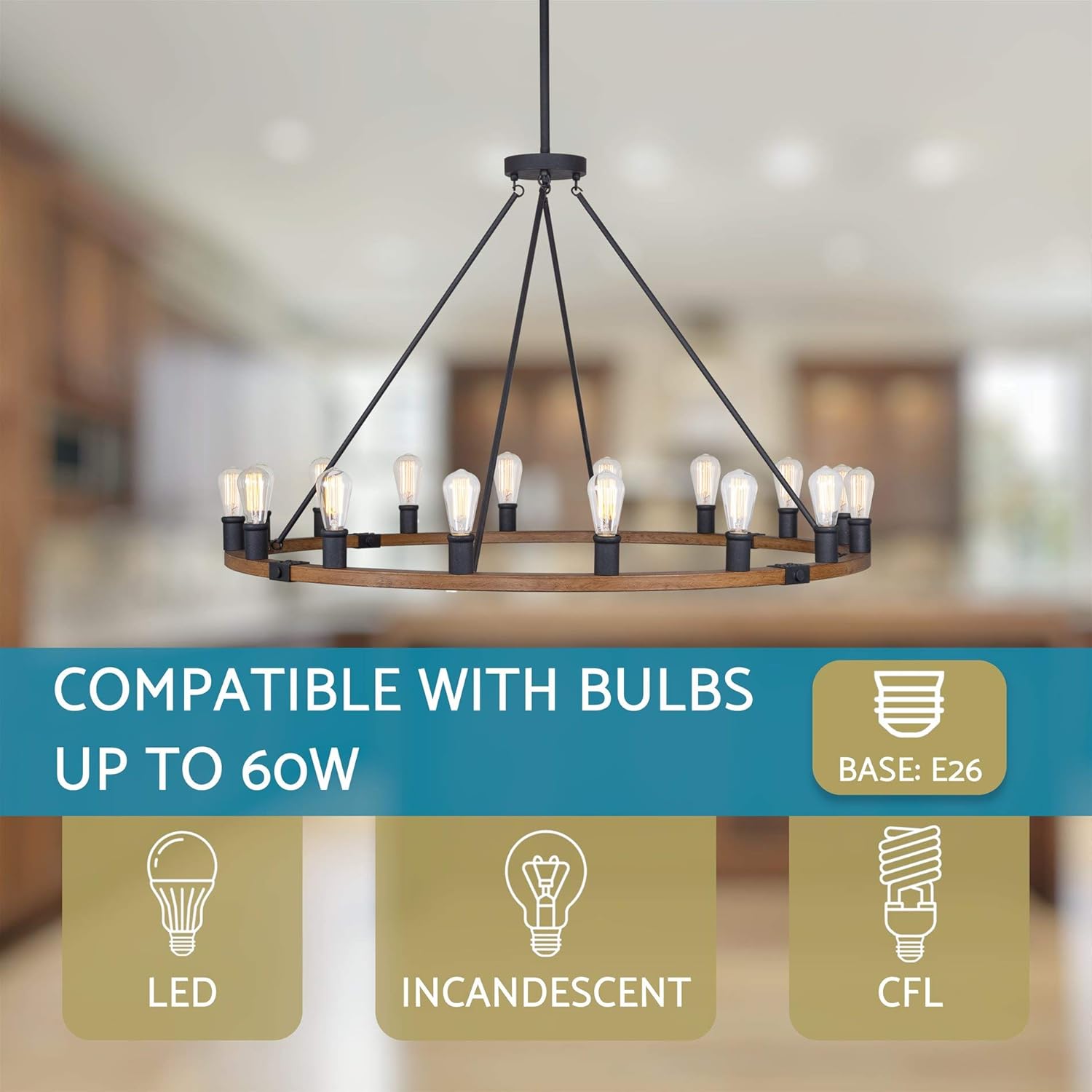 Kira Home Jericho 48" 16-Light Large Rustic Farmhouse Wagon Wheel Chandelier, Round Kitchen Island Light, Textured Black Accents + Warm Oak Wood Style Finish - - 