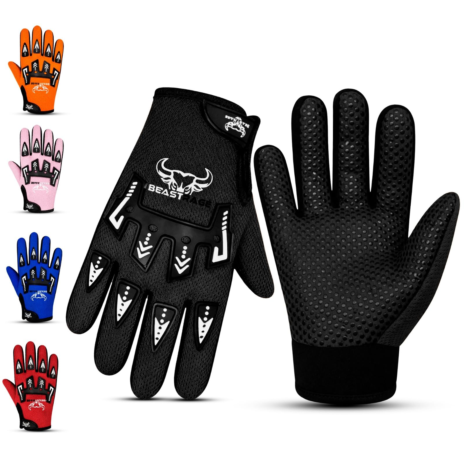BEAST RAGE Guantes de bicicleta para niños, guantes de motocross y BMX para niños y niñas, agarre antideslizante, transpirables, ligeros, guantes de moto para niños