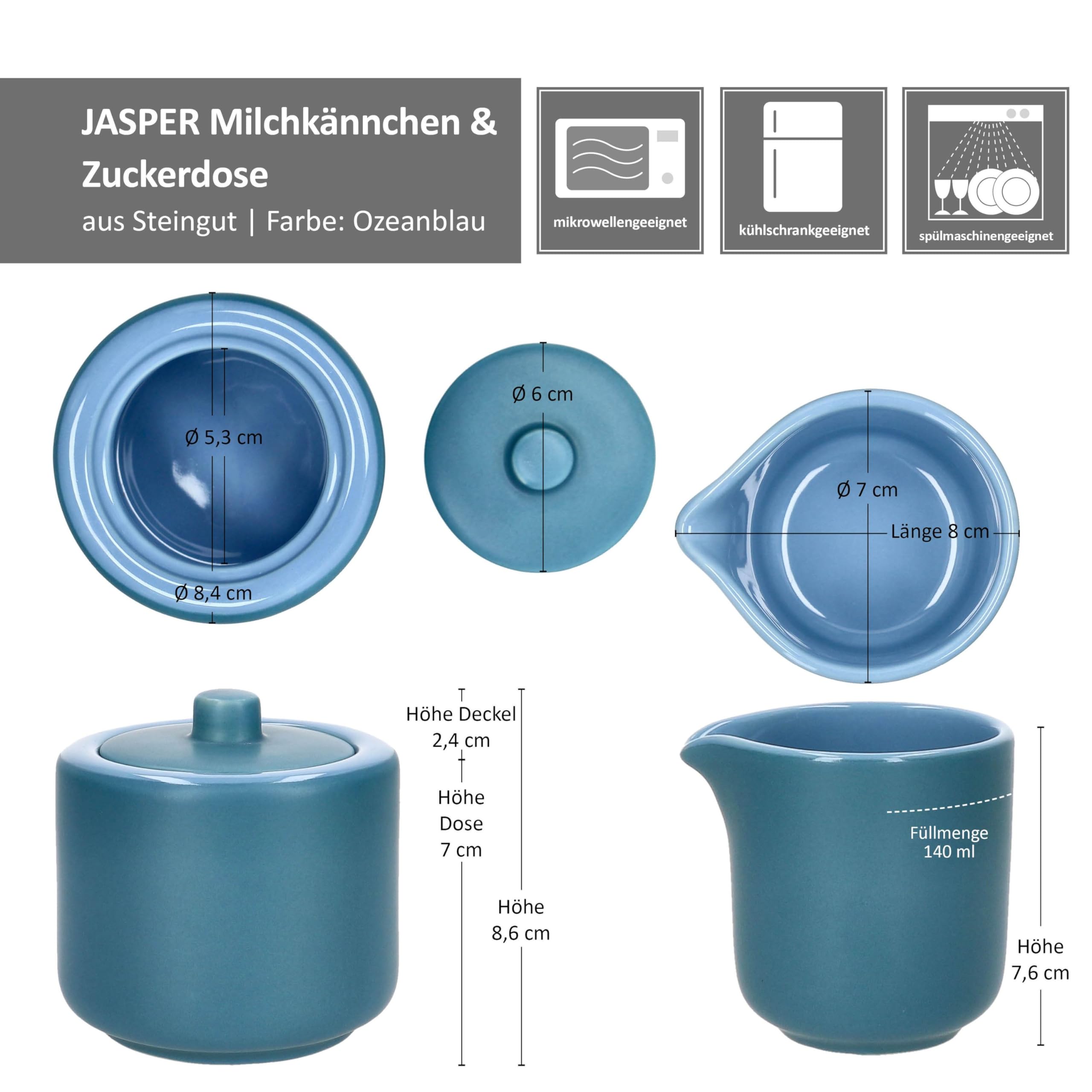 Ritzenhoff & Breker Jasper 2tlg. Set Milchkännchen 140ml & Zuckerdose 240ml Ozeanblau I Sahne-Kanne, Gießer für Kondensmilch, Dose mit Deckel für Würfelzucker I Kaffee-Zubehör
