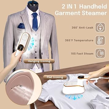 Travel Steamer, 1300W Portable Steamer for Clothes, Quick Heat Plancha a Vapor Para Ropa, 180 Rotating Handle & Ceramic Panel, 2-IN-1 Mini Iron With LCD for Home & Travel Use