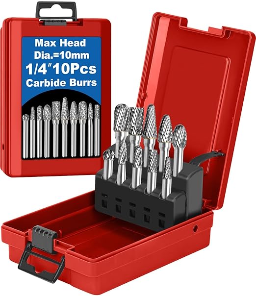 10Pcs Carbide Burr Set 1/4 Shank w/Red Box Max Head Dia 10mm Die Grinder Bits Rotary Tools Attachment Kit Rasp Accessories Metal Wood Stone Steel Grinding Deburring Cutting Porting Carving