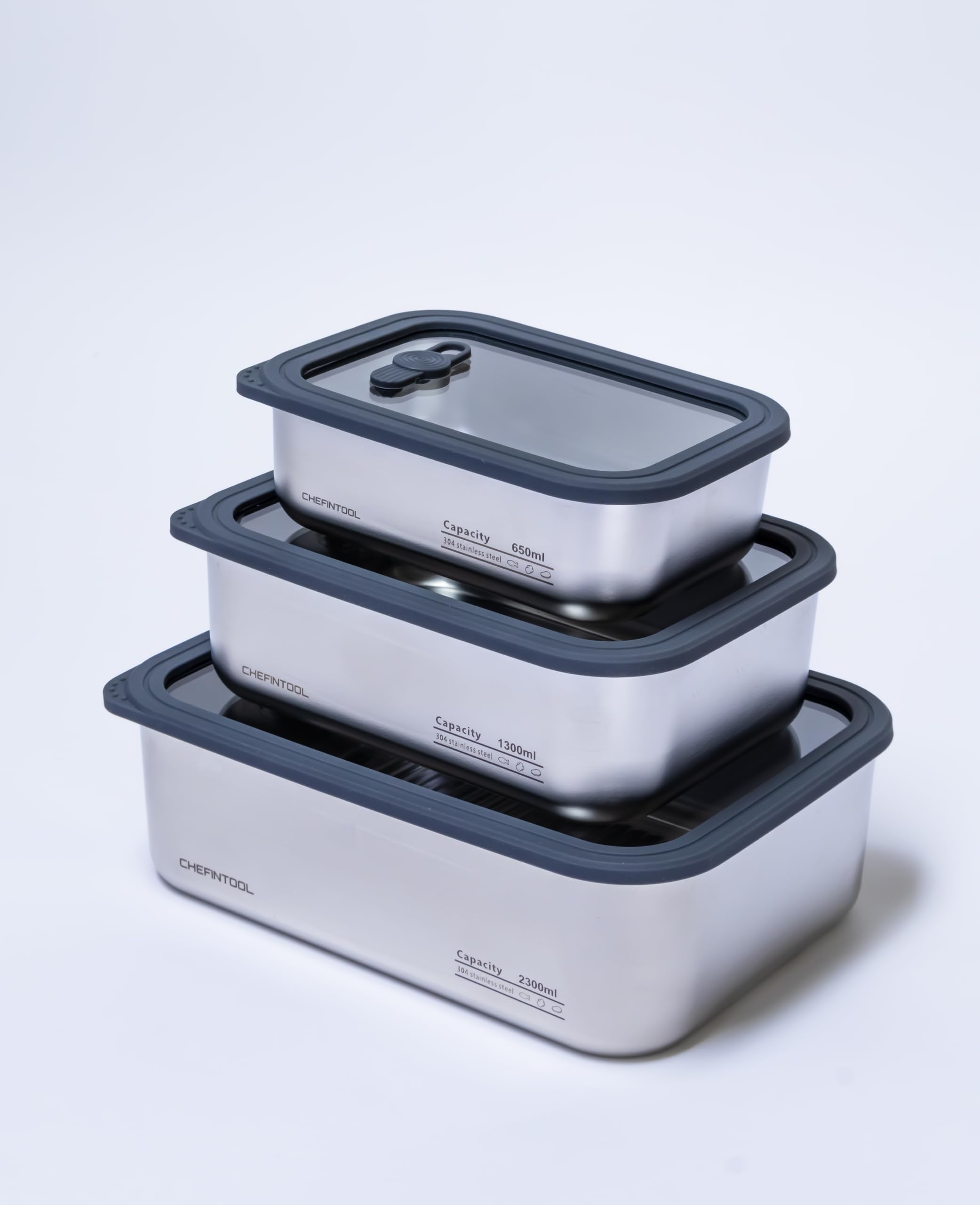 Set di contenitori per il pranzo in acciaio inox con coperchi in vetro, 3 contenitori impilabili per alimenti Bento (650 ml/1300 ml/2300 ml), ermetici, a prova di perdite, senza BPA, adatti