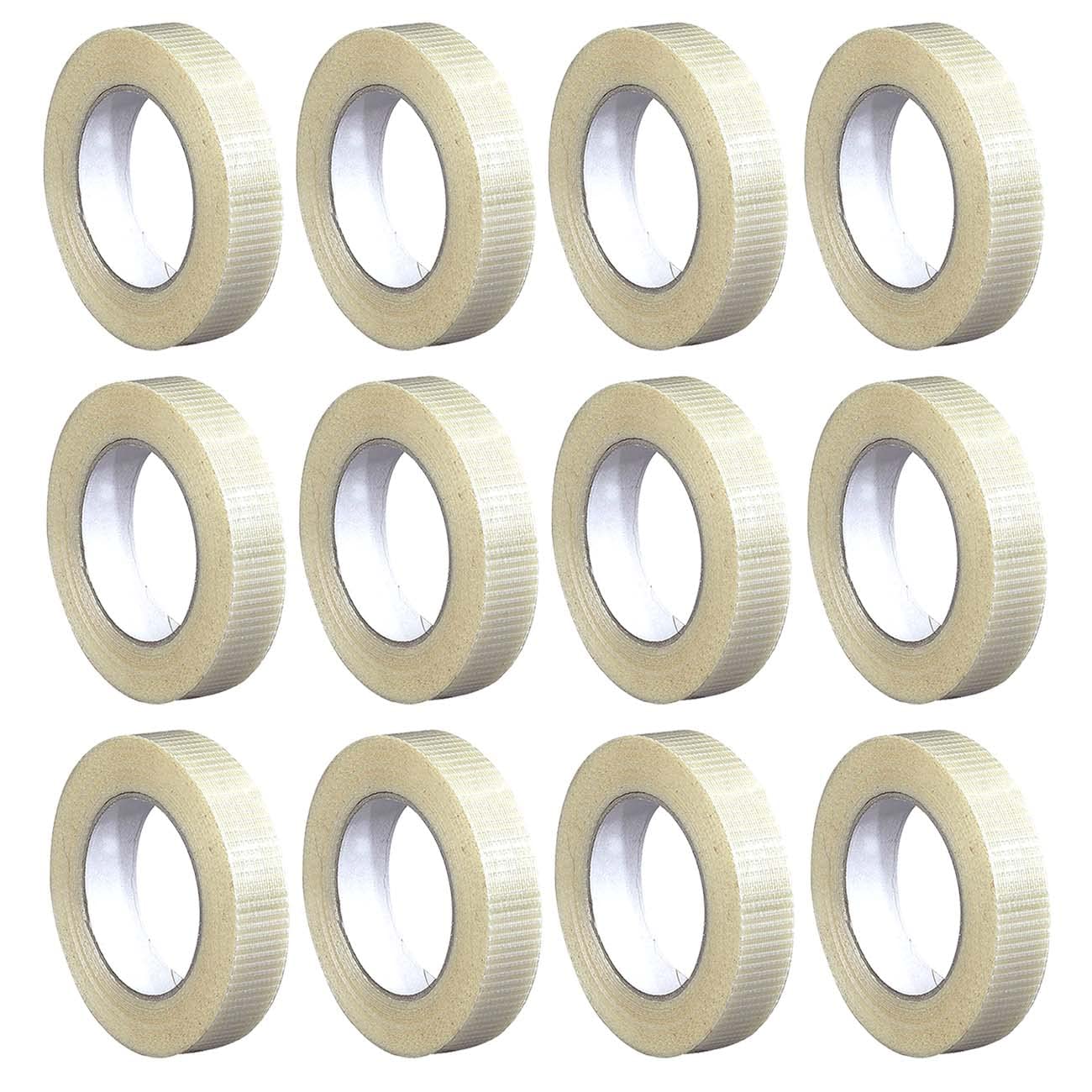 Edenpack 12 Rolls Extra Strong Crossweave Reinforced Tape 25MM x 50M Bi-Directional Filament Strapping Fiberglass Reinforced Tear Resistant Heavy Duty Tape, Clear