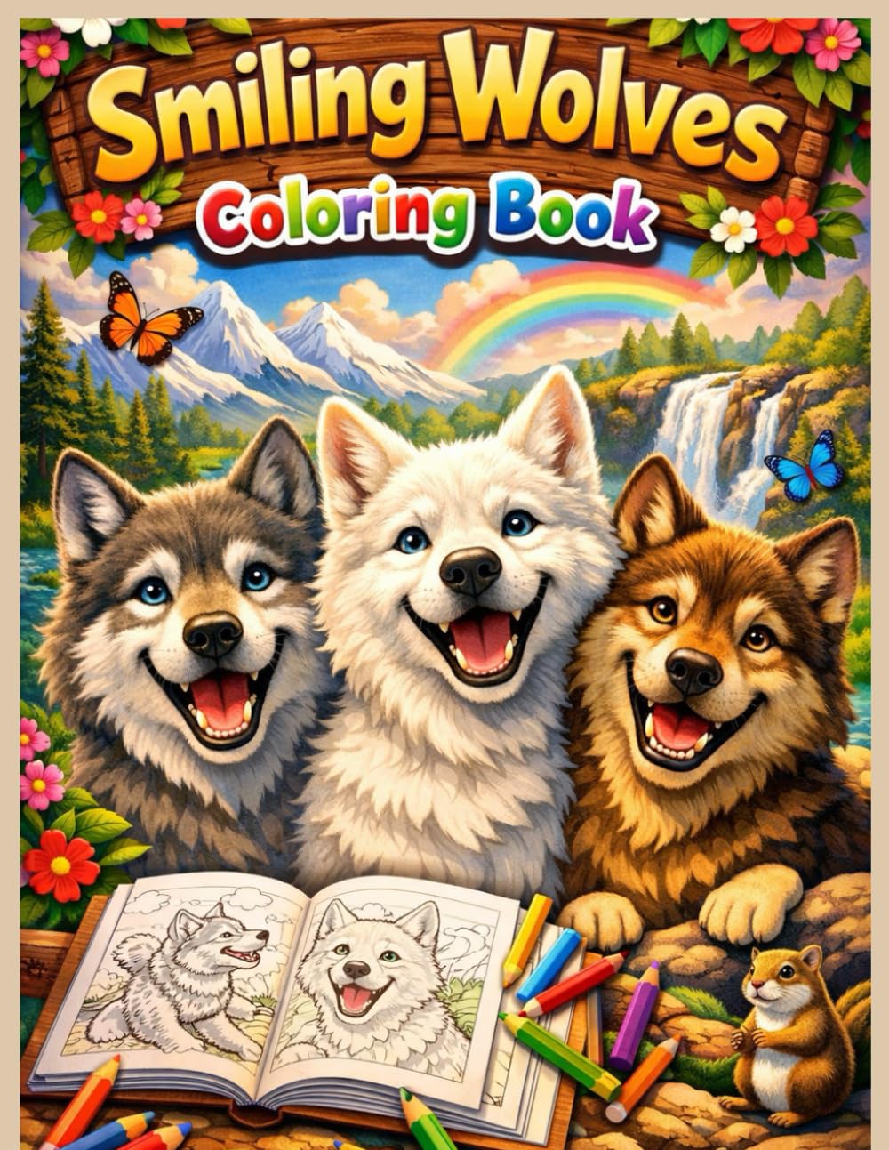 Smiling Wolves Coloring Book Adorable Happy Wolf Illustrations, Easy & Detailed Coloring Pages for Kids, Teens, and Adults