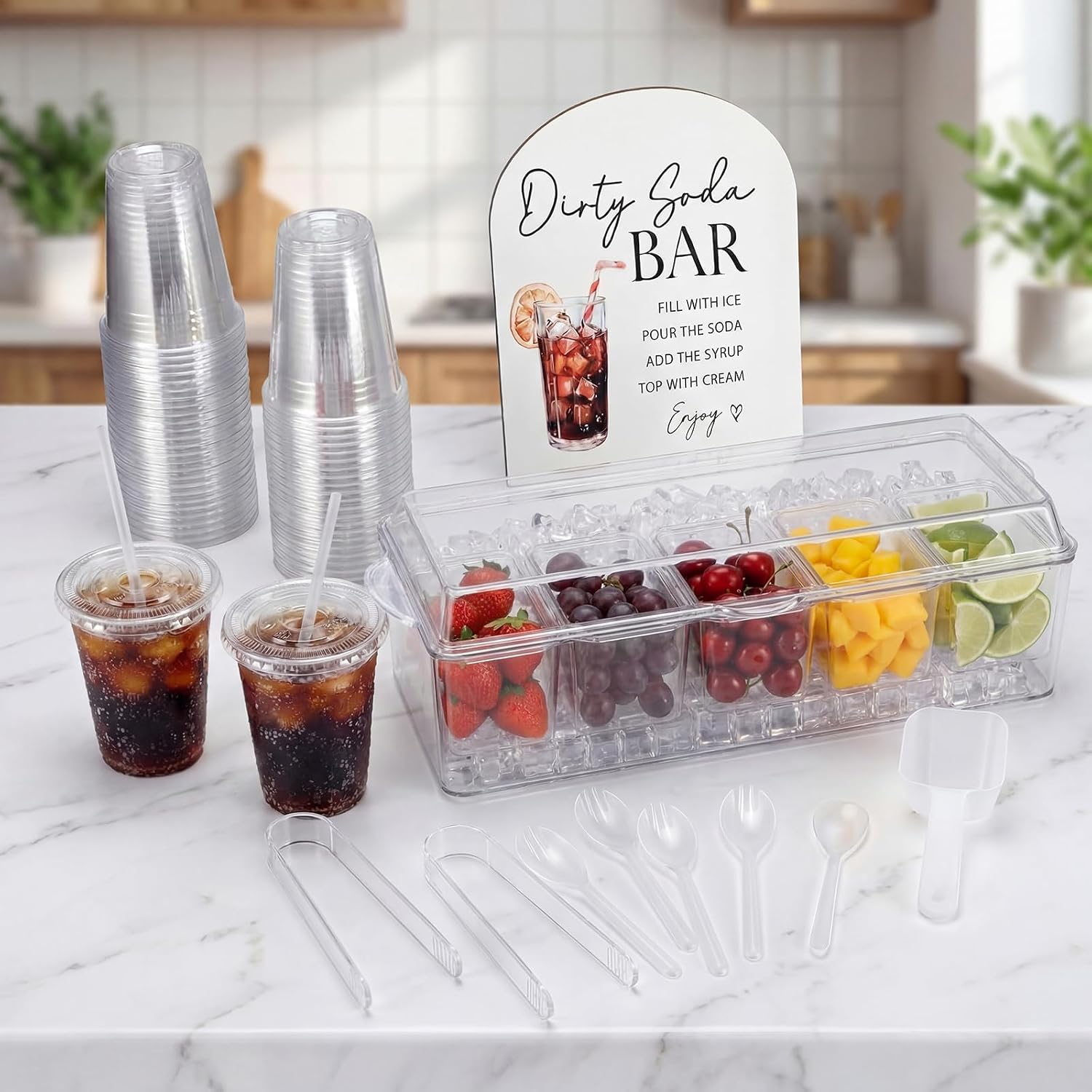 Thenshop 50 Pack Dirty Soda Bar Supplies - 12oz PET Cups with Lids & Straws, Soda Bar Sign, Chilled Condiment Tray Server with Utensils, Disposable Cups Kit for Wedding, Bridal Shower Birthday Party