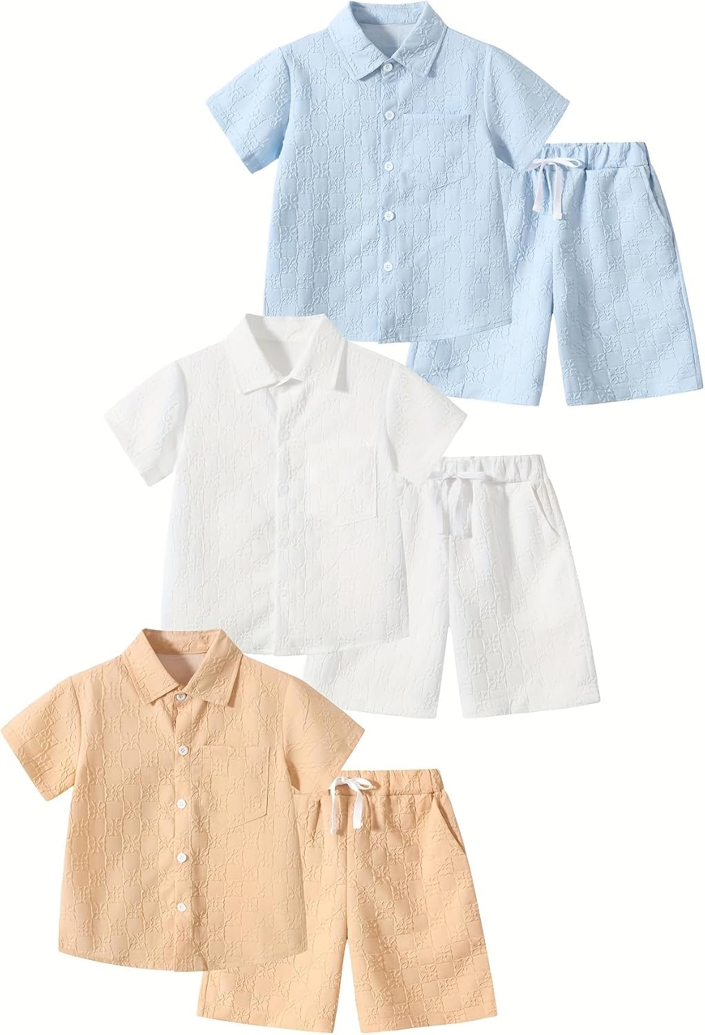 Boys 6 Pieces Summer Beach Outfits Short Sleeve Button Down Shirts and Shorts Vacation Texture Sets for Kids