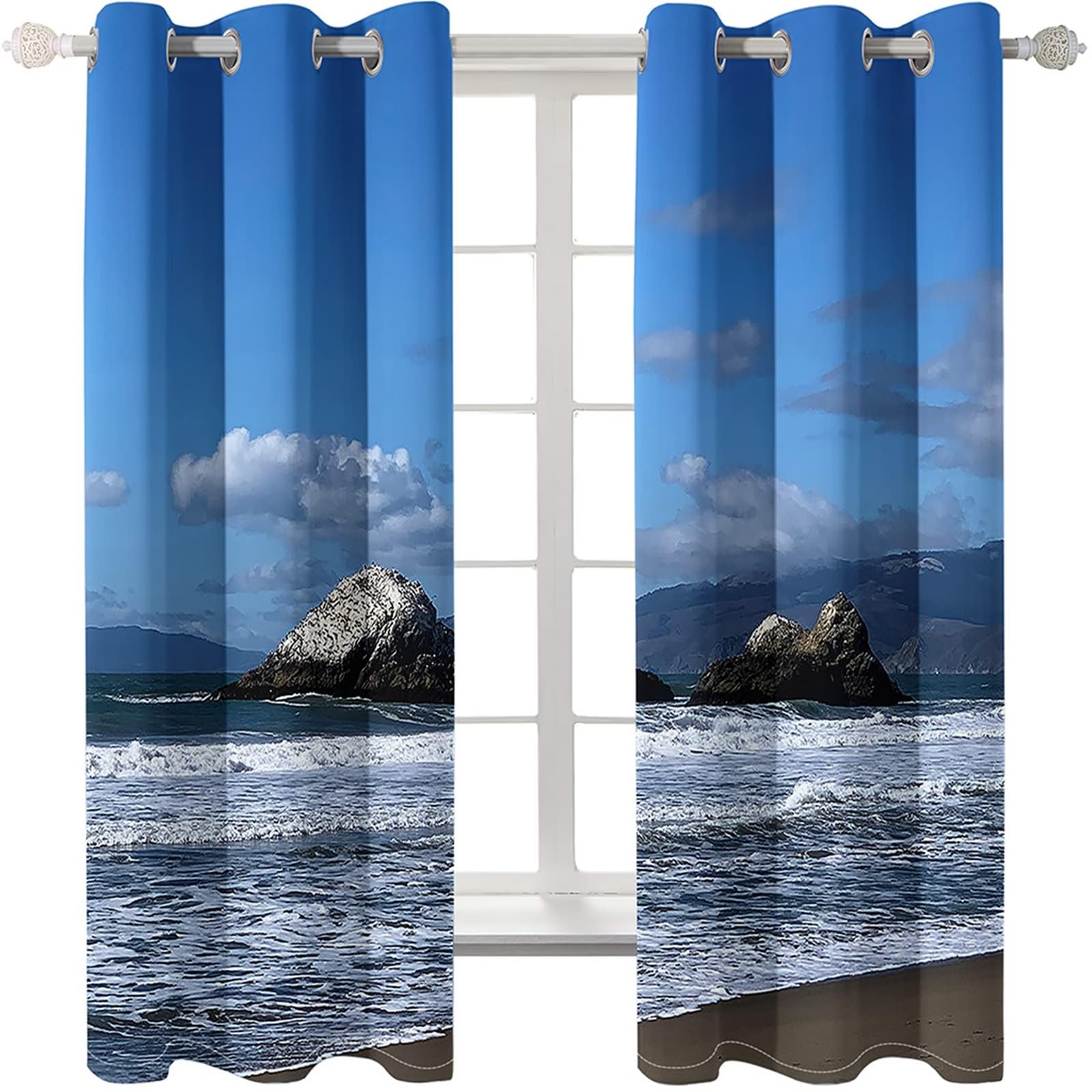 Tenda Finestra Oscurante, Paesaggio oceanico Tende per Camera da Letto Soggiorno Oscurante Tenda Oscurante Termoisolata, Blu Grigio, 214x244cm
