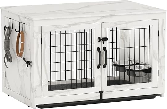 Piskyet Wooden Dog Crate Furniture with 360Rotatable Removable Dog Bowls, Dog Crate End Table with TrayL37.7" L*25.1" W*26.1" H, Marble White