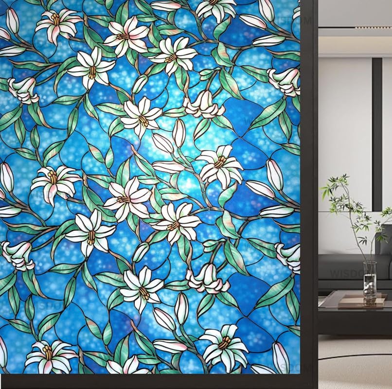 Image of WISDOM Premium Frosted Glass Window Film Self Adhesive Decorative Glass Window Privacy Sheet Film UV Control Removable Vinyl Privacy Film (Blue Lilly Orchid Flower, 24x100 Inch)