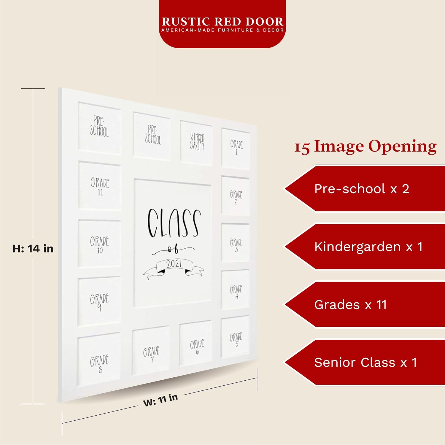Rustic Red Door Co. White Class of 2027 School Years Picture Mat (11' x 14') - 15 Photo Collage Frame Mat for School Pictures - No Frame Included