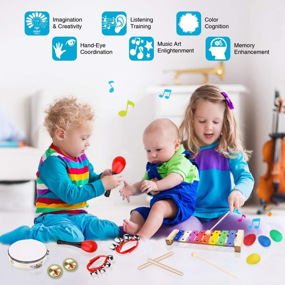 Percussion Musical Instruments Set for Kids Ulifeme 24 Pieces Rhythm Band Toys Set, Wooden Xylophone Toy Set - Image 3