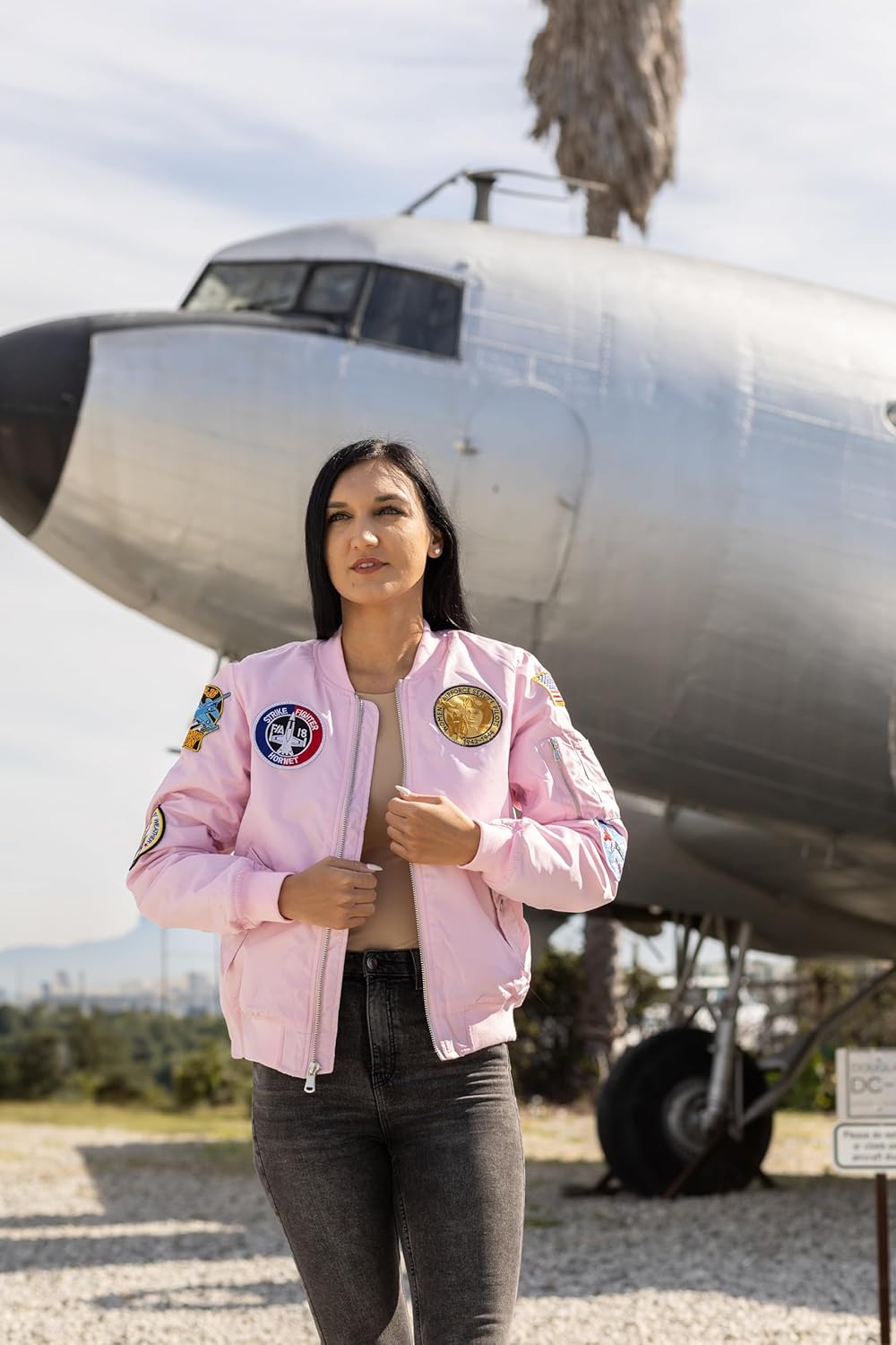 Up and Away Medium-Weight MA-1 Flight Bomber Jacket in Pink With Six Patches - Image 2