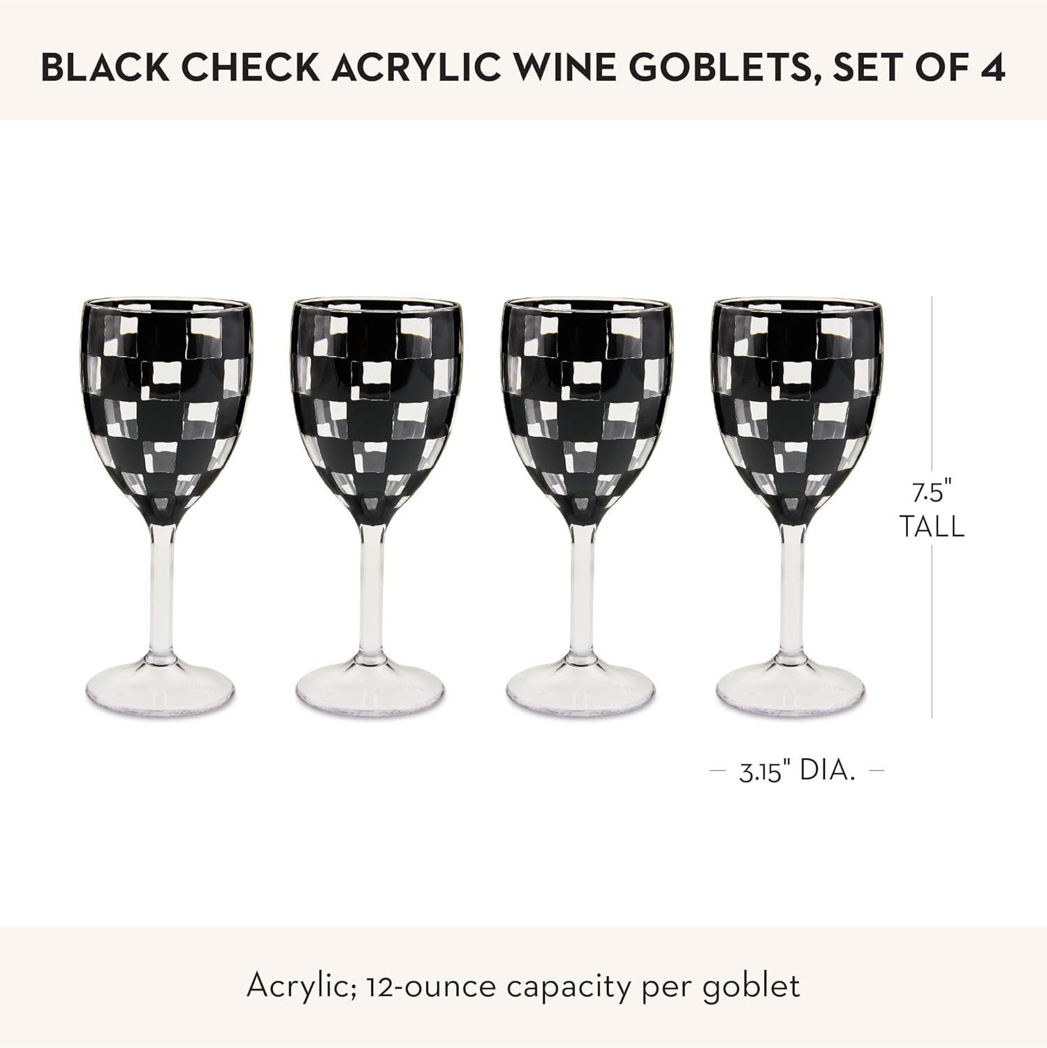 MACKENZIE-CHILDS Set of 4 Acrylic Wine Goblets, Stemmed Drinking Glasses, Decorative Glassware, 12 Ounces, Black Check