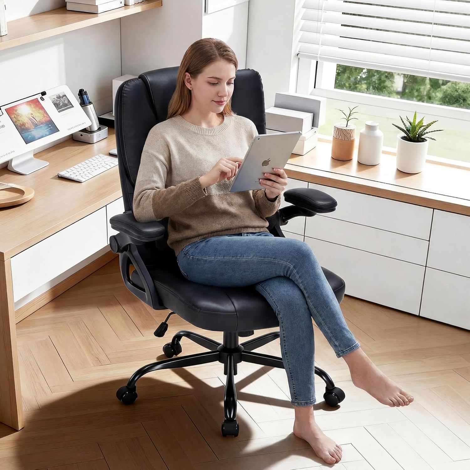 400lbs Ergonomic Executive Office Chair, High Back PU Leather Home Desk Chair with 3D Flip Armrests, Lumbar Support, Pocket Spring Cushion, Swivel Rolling Big and Tall Chair for Home Office Gaming