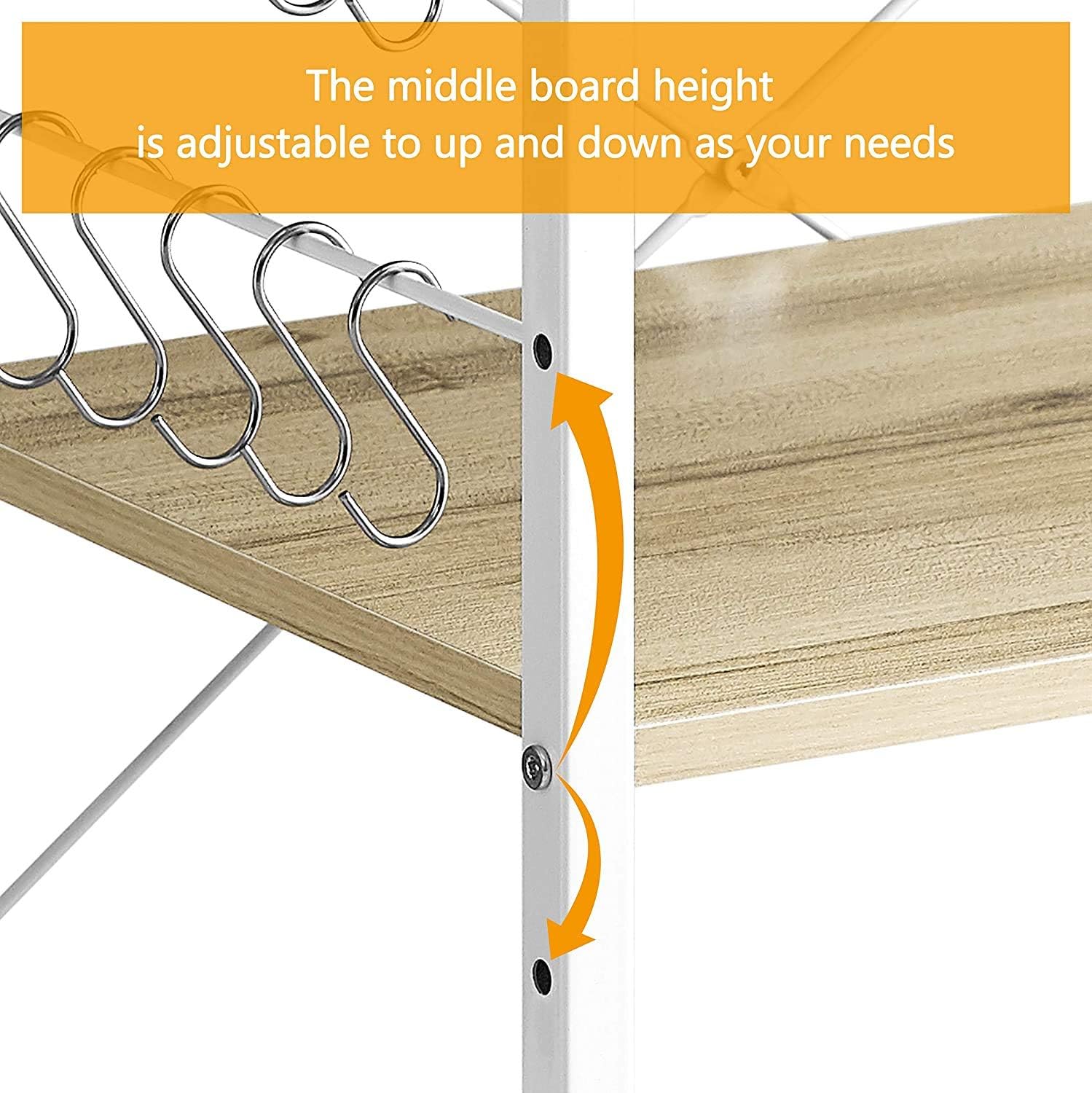 Premium 3-Tier Kitchen Baker's Rack with 10 Hooks, Utility Rolling Microwave Stand Storage Cart Workstation Shelf (Light Beige Top+White Metal Frame)