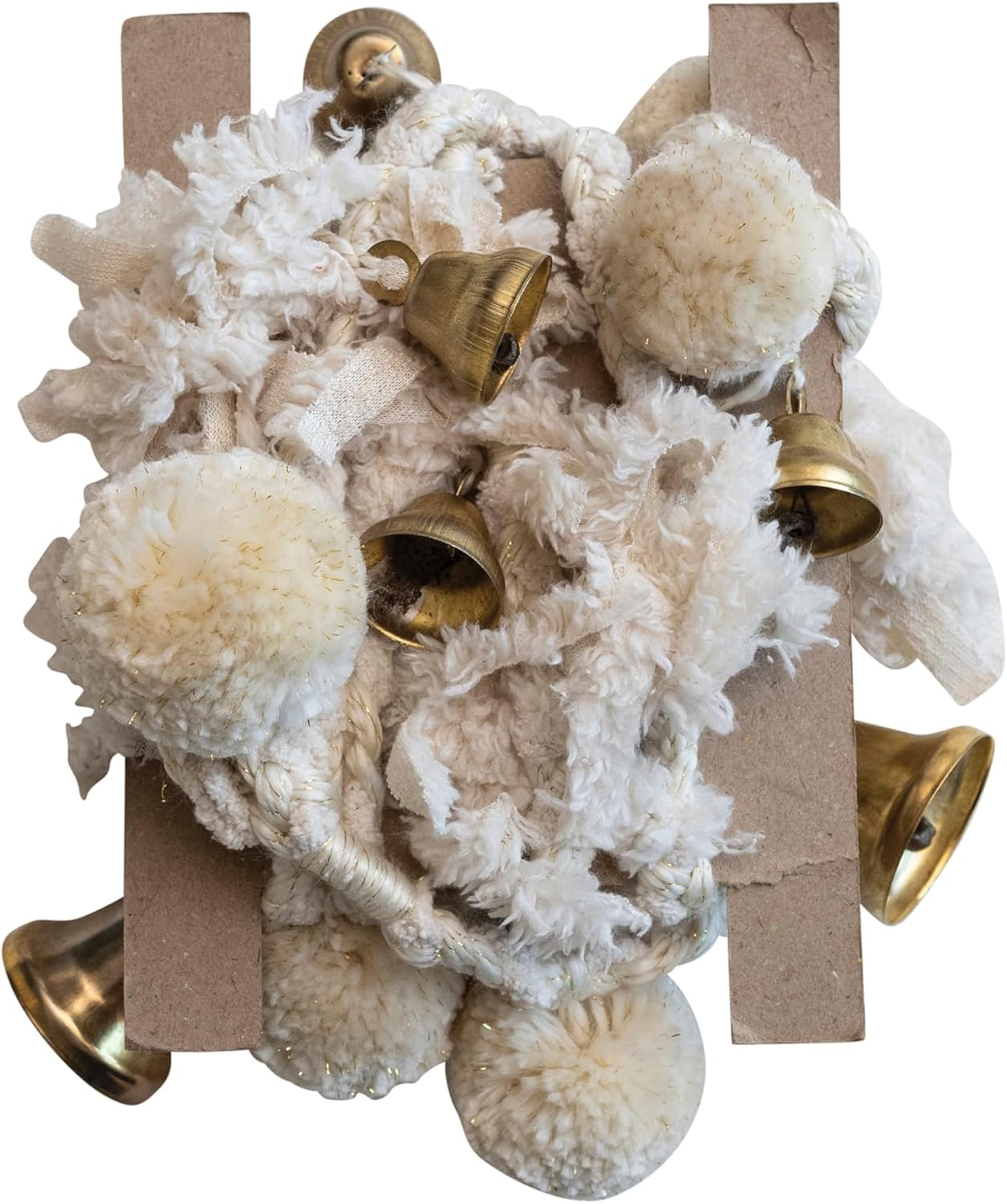 Creative Co-Op Handmade Wool and Cotton Blend Pom Pom and Bell Garland, Natural and Brass Finish