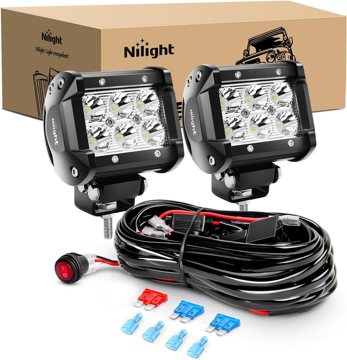 Nilight ZH009 LED Light Bar 2PCS 18W Spot Off Road Lights with 16AWG Wiring Harness Kit-2 Lead