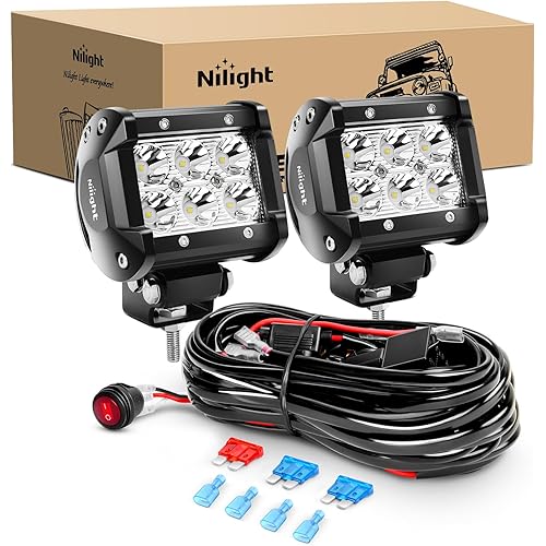 Nilight ZH009 LED Light Bar 2PCS 18W Spot Off Road Lights with 16AWG Wiring Harness Kit-2 Lead