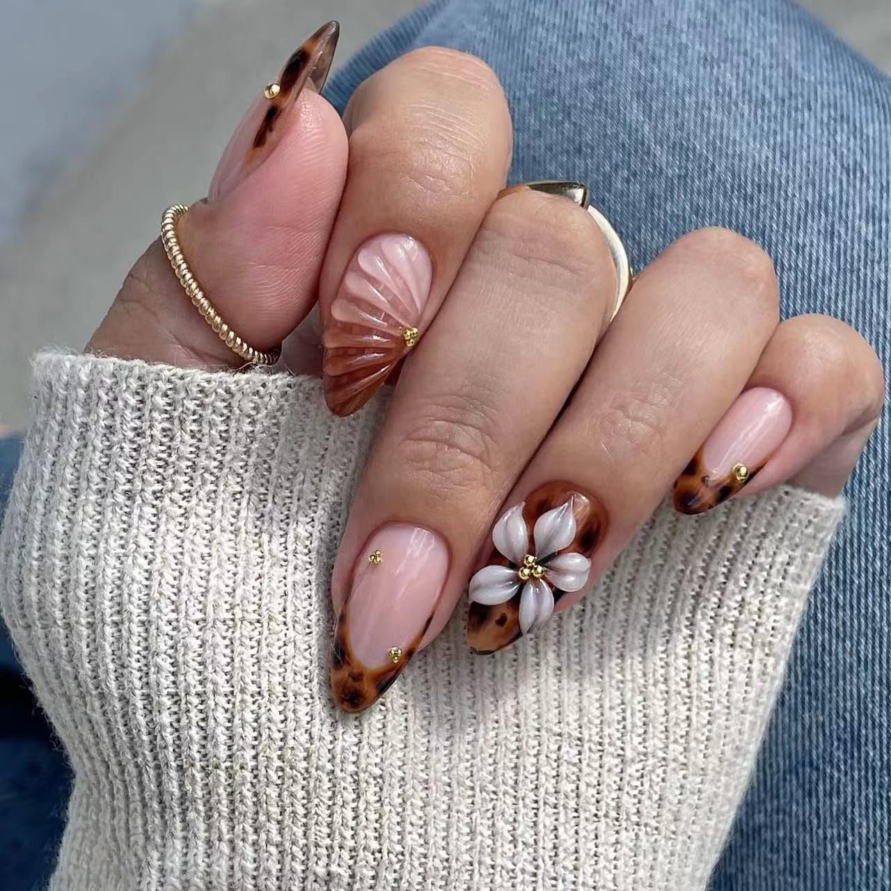 Almond Press on Nails - Medium Brown 3D Flower Acrylic Nails