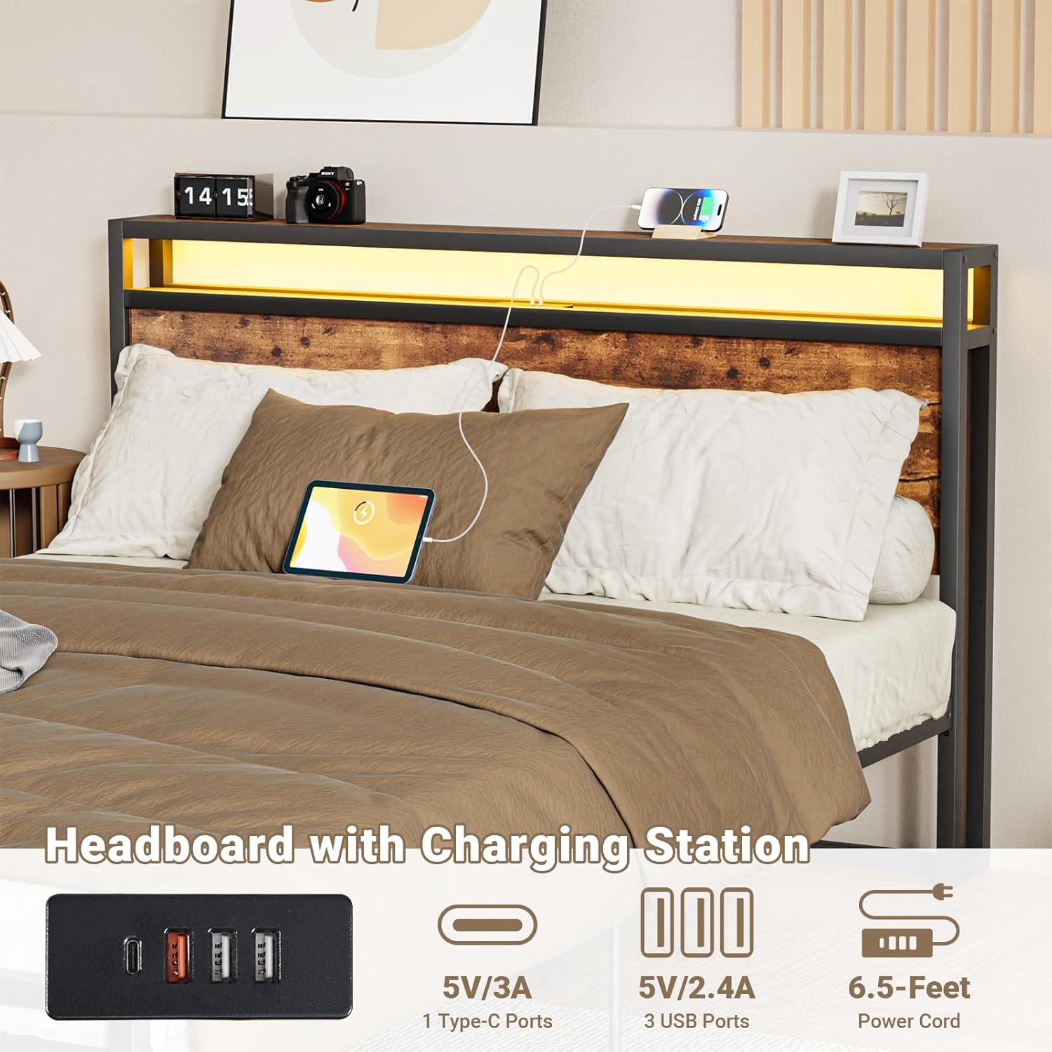 Zevemomo Queen Size Bed Frame with RGB LED Lights and Charging Station, Queen-Size Metal Platform Bed with Storage Headboard & 2 Drawers, Wood Board, Easy Assembly Mattress Foundation Base
