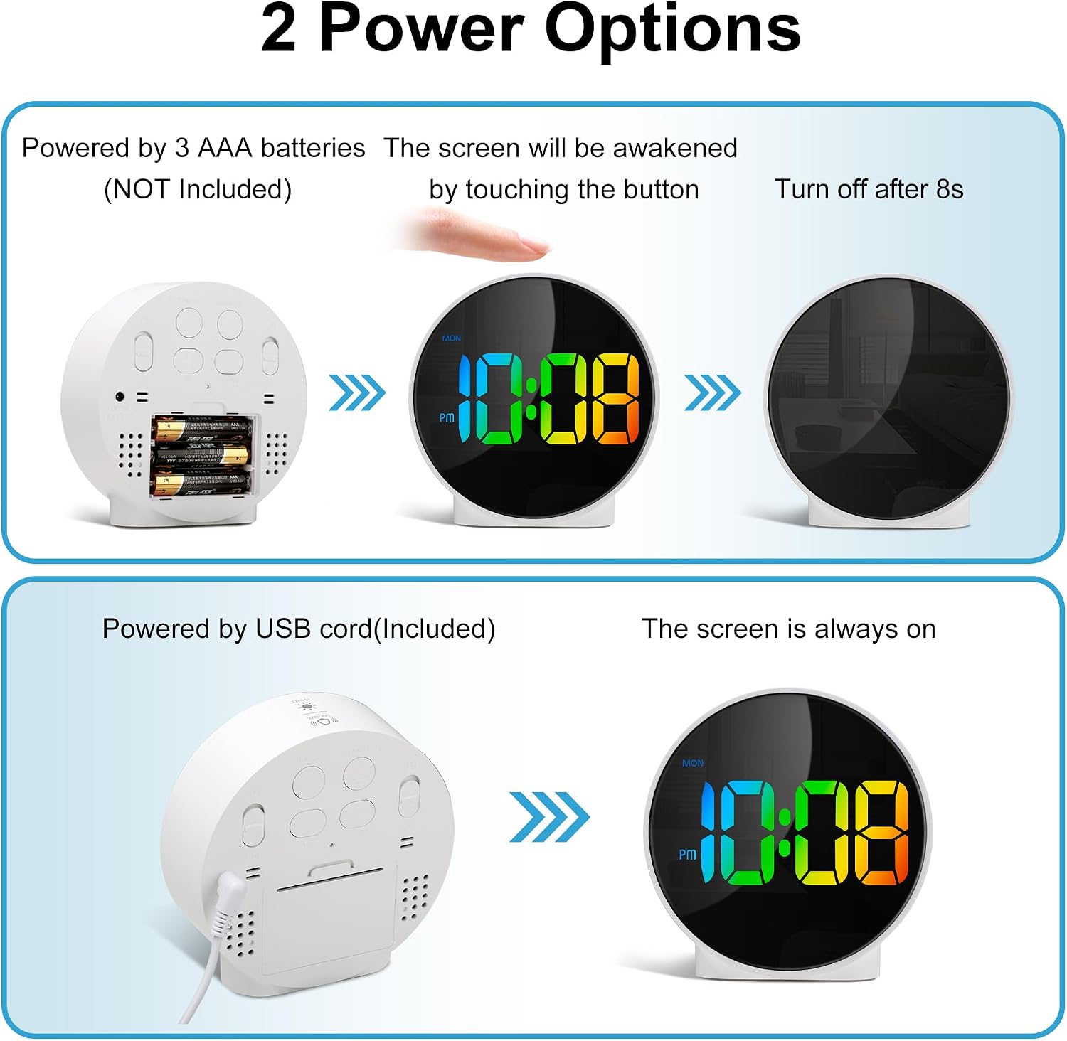 Lafocuse LED Colorful Digital Alarm Clock Battery Operated, Modern Round Digital Clock with 2 Alarms, Snooze, Adjustable Brightness, Curved Screen Design Bedside Alarm Clock for Bedroom Office