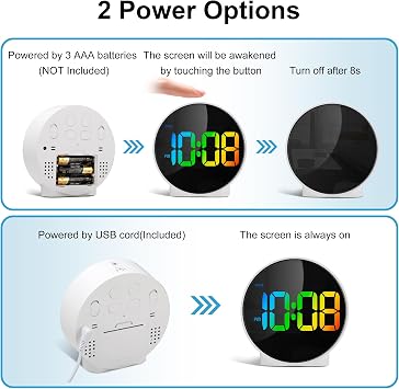 Lafocuse LED Colorful Digital Alarm Clock Battery Operated, Modern Round Digital Clock with 2 Alarms, Snooze, Adjustable Brightness, Curved Screen Design Bedside Alarm Clock for Bedroom Office