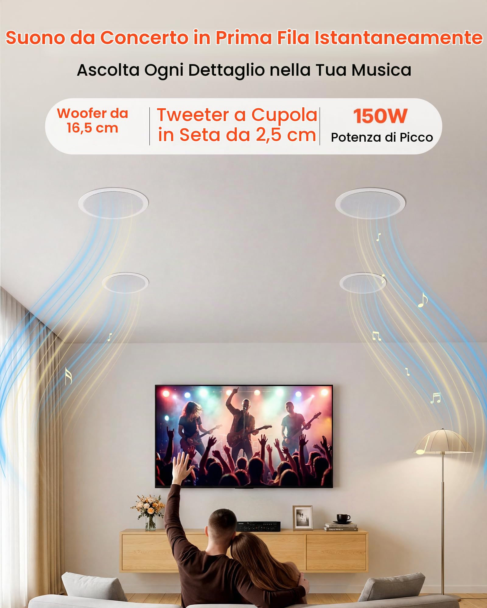 VEVOR Set di Altoparlanti 4 pezzi con Bluetooth, Altoparlanti da Incass a Soffitto 165,1 mm per Home Theater Soggiorno Diffusori Impedenza 8 Ω da Casa Cucina Bagno, Potenza di Picco Singola 150 W
