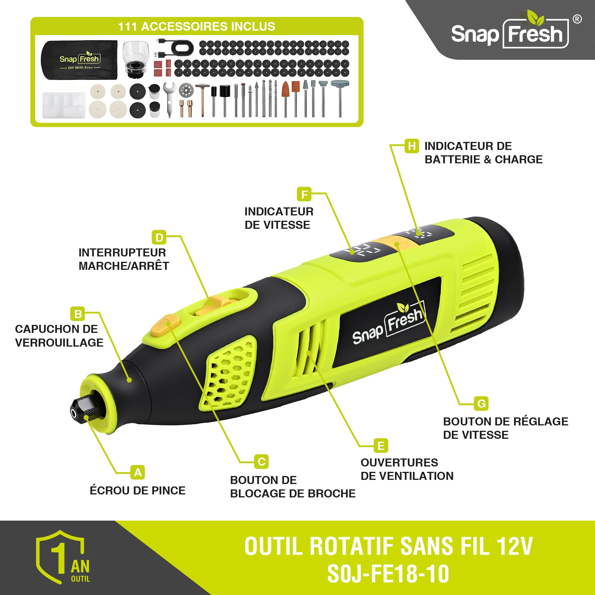 SnapFresh Outil Rotatif Multifonction Sans Fil 12V avec 111 Accessoires, Vitesse Variable 5000–32000tr/min, Affichage Numérique & Mémoire de Vitesse, pour Découpe, Ponçage, Perçage, Gravure, Polissage