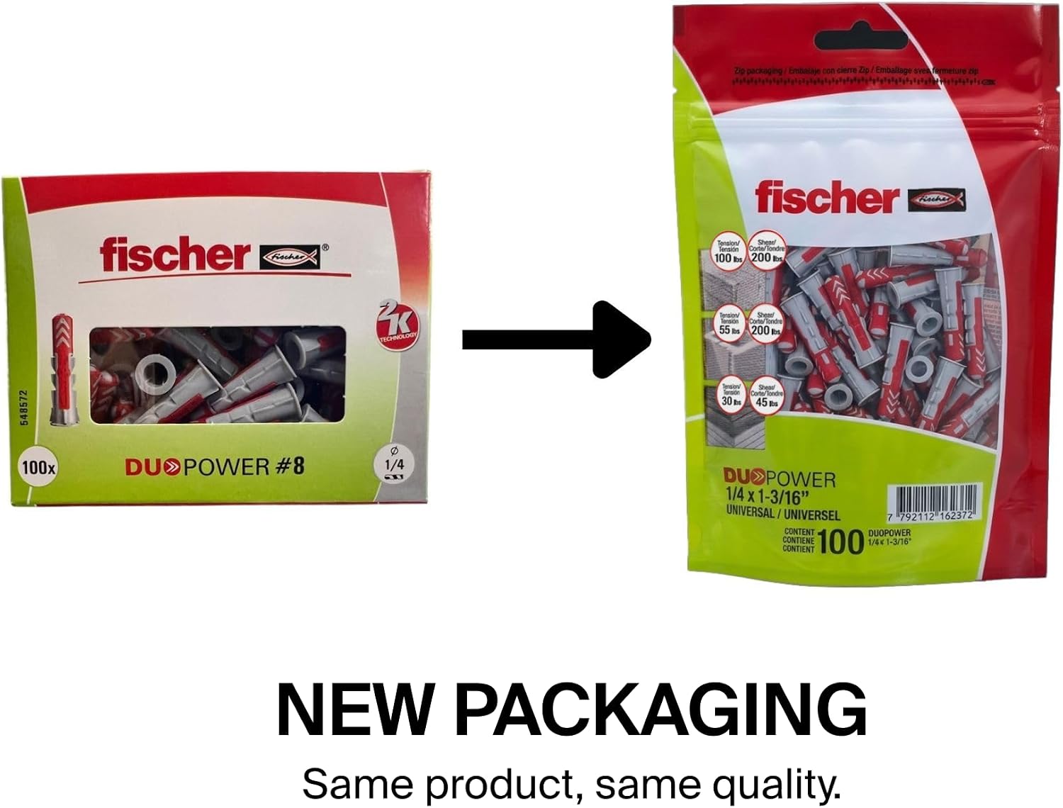 fischer DuoPower Universal Wall Anchors for Fastenings in Concrete, Brick, Drywall and Wood, (100, New, 1/4" x 1 3/16")