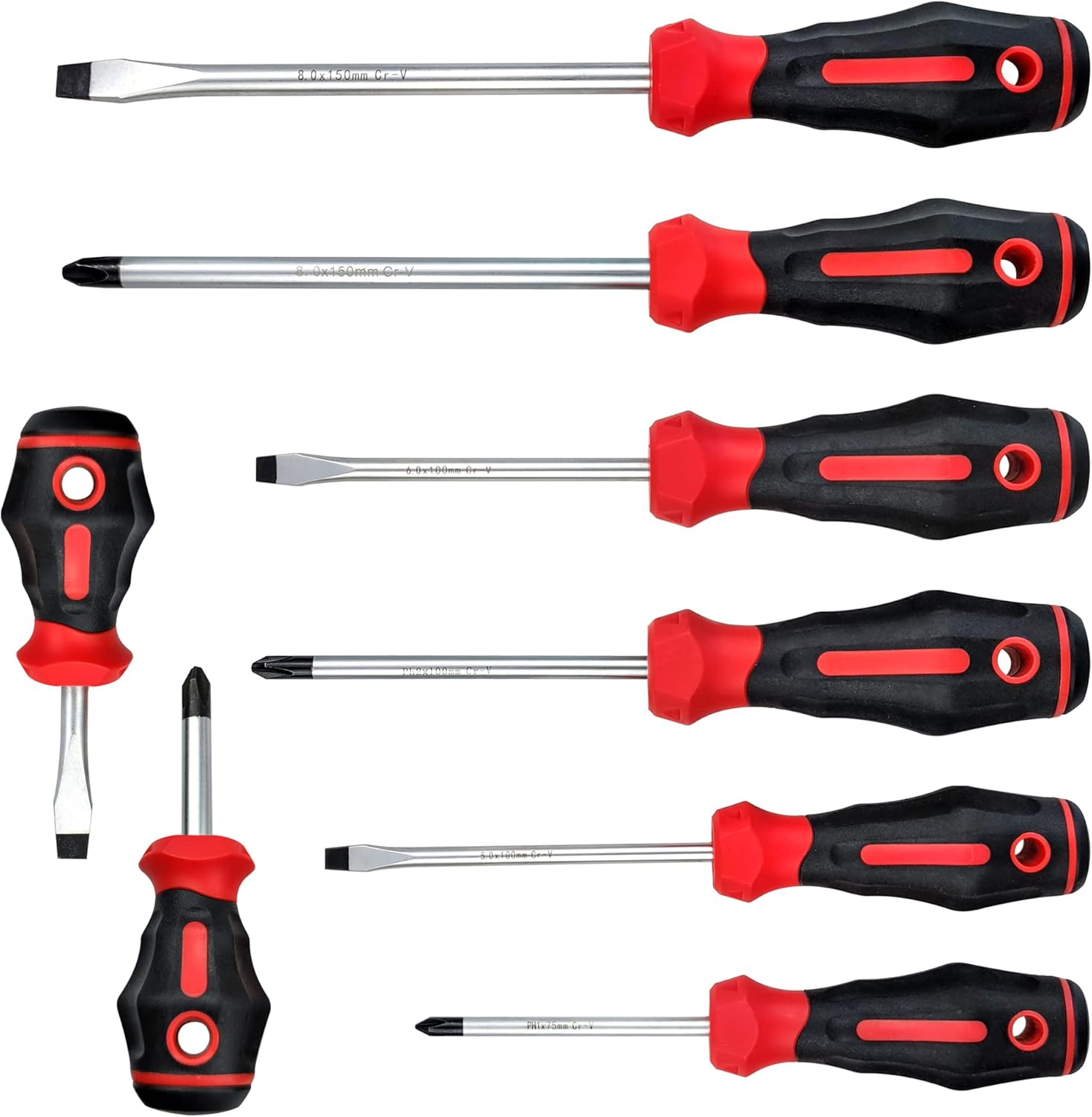 Screwdriver Set, Assorted, 8-Piece（PH #1 X 3", PH#2 X 1.5", PH #2 X 4", PH #3 X 6", 3/16" X 4", 1/4" X 1.5", 1/4" X 4", 5/16" X 6"） (YY2020060) - - 