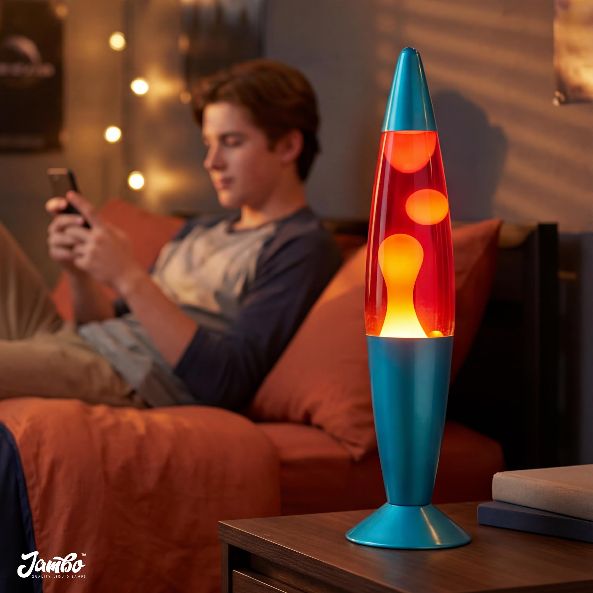 Jambo Lámpara de volcán azul con cera que fluye como lava, lámparas frescas, luces nocturnas para niños, adultos, adolescentes (16 pulgadas, base azul, líquido rojo, cera naranja)