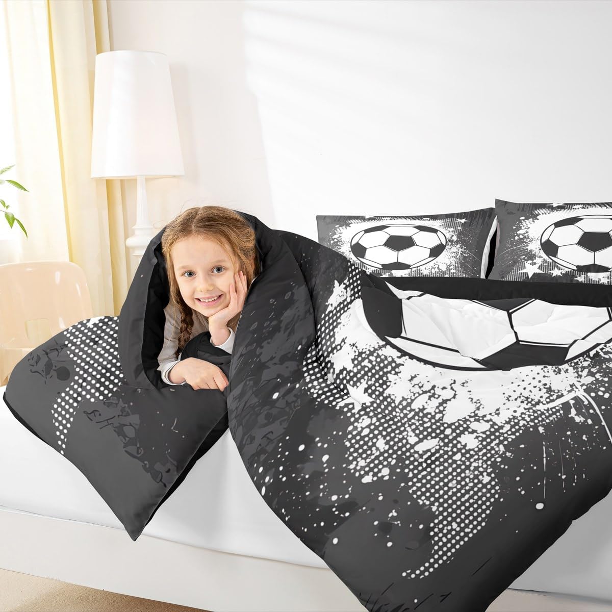 Feelyou Football Kids Comforter Set Queen Size Soccer Bedding Set Sports Games Duvet Quilt for Kids Boys Girls Bedroom Black White Decor Microfiber Ultra Soft Breathable