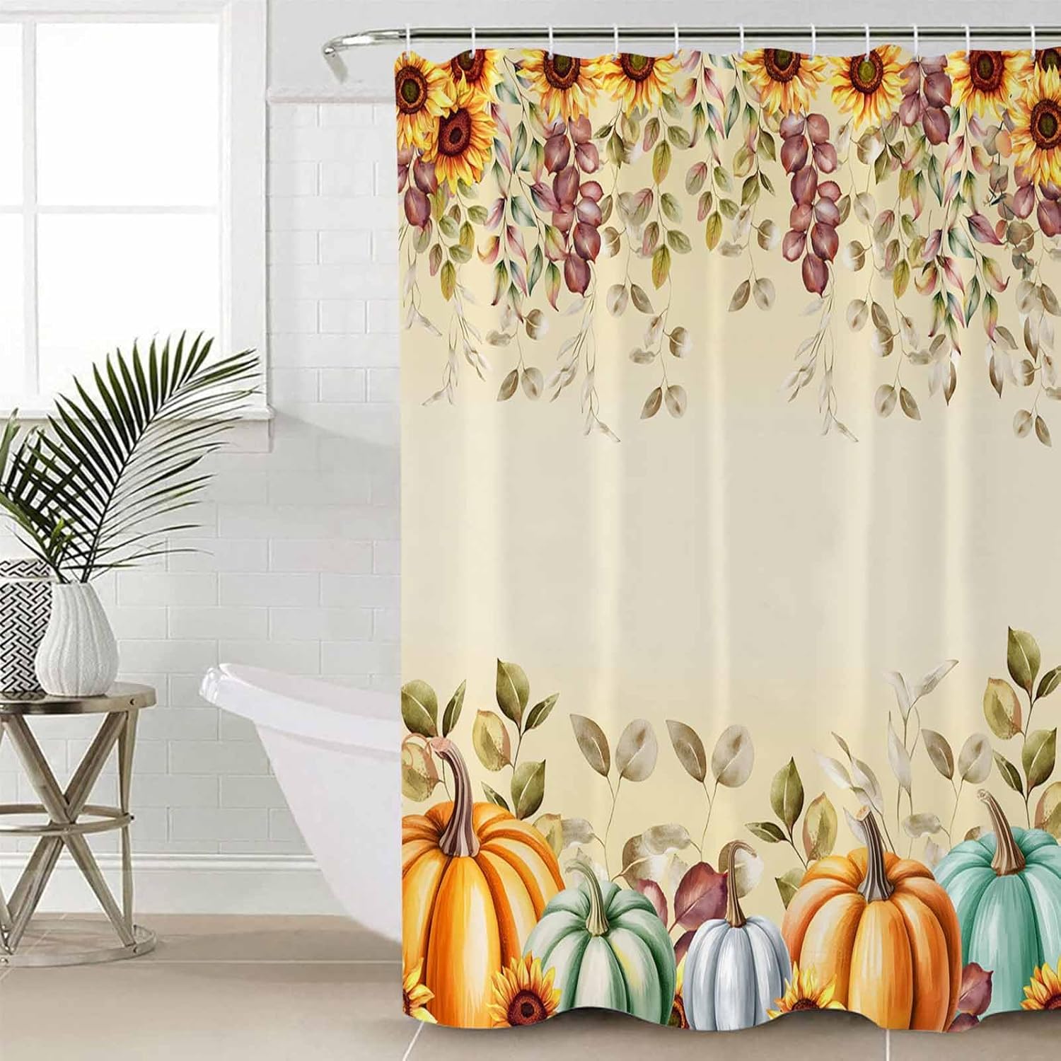 Orange Teal Grey Pumpkins Fall Shower Curtain Set - Long 72" x 84" Thanksgiving Maple Leaf Washable Bathtub Curtain with 12 Hooks, Autumn Botanical Waterproof Fabric Stall Shower Curtains for Bathroom
