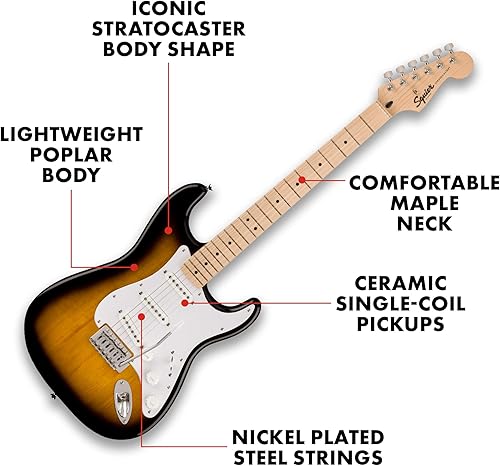 Miniatura 10 de Squier Sonic Stratocaster - Paquete de guitarra eléctrica, negro, diapasón de arce, con bolsa de concierto, amplificador de 10 G y accesorios
