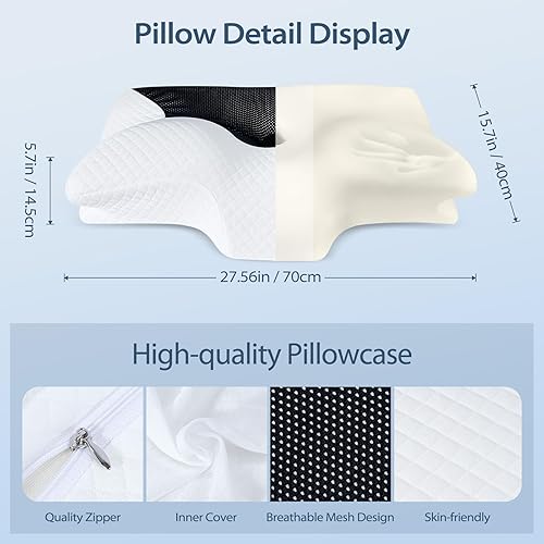 Miniatura 5 de HOMCA Almohada cervical de espuma viscoelástica  Almohada de espuma viscoelástica de contorno para aliviar el dolor de cuello, almohada ortopédica