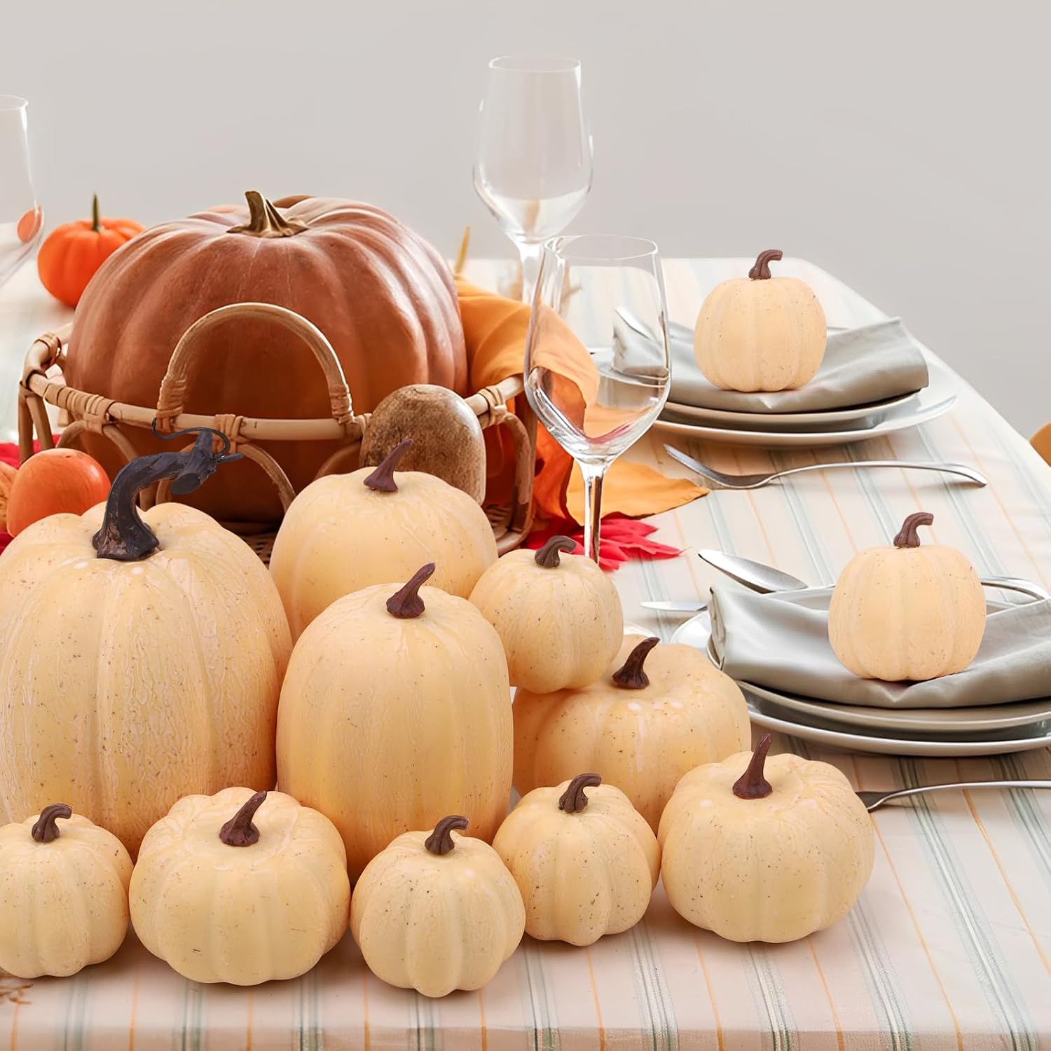 Gresorth 10pcs Artificial Champagne Pumpkins Halloween Decoration Fake Paintable Pumpkins Set for Porch Home Party Wedding Farmhouse Thanksgiving