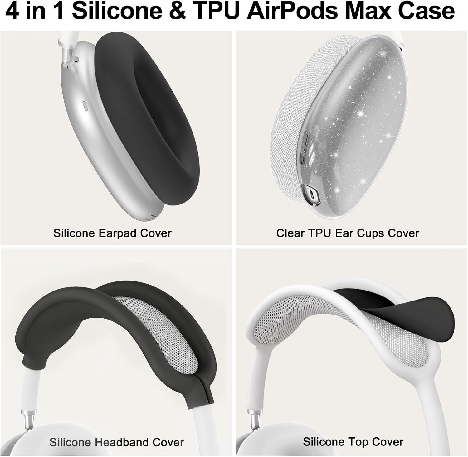 Silicone Case Cover for AirPods Max 2, Clear Soft TPU Ear Cups Cover/Ear Pad Case Cover/Headband Cover for AirPods Max 2/1 (2026/2024/2020),Transparent Accessories for Apple AirPods Max, Glitter Black
