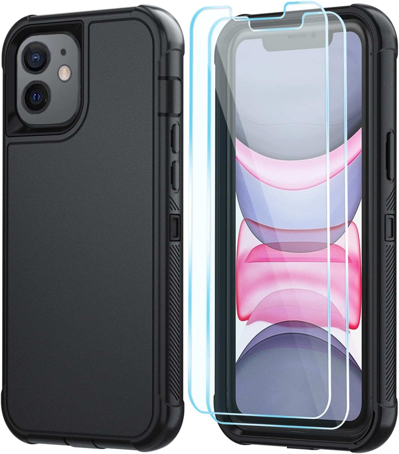 SunStory Compatible with iPhone 11 Case with HD Screen Protector, 3-Layer Heavy Duty Full-Body Cover,3 in 1 Hybrid Protective Case for iPhone 11 6.1,Black